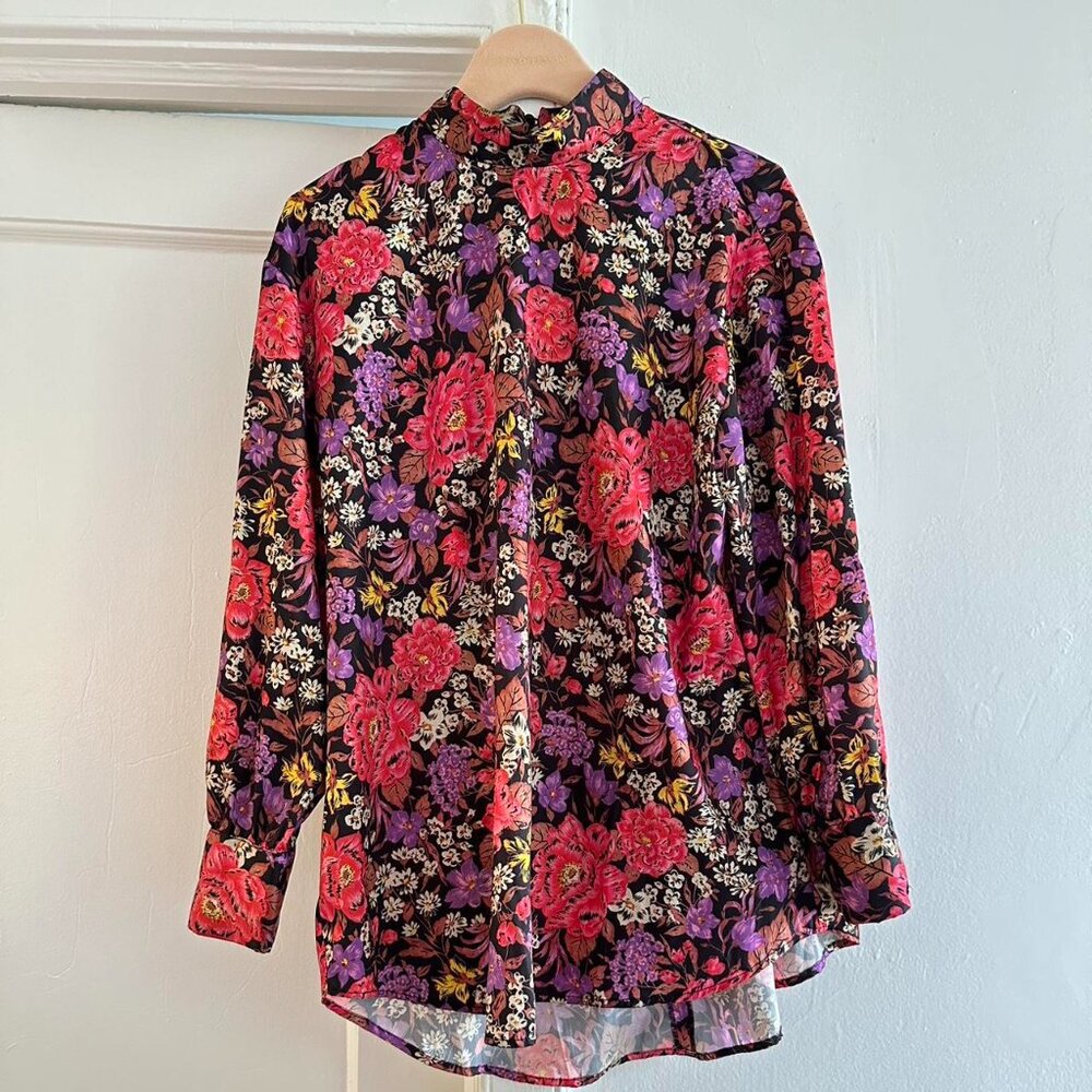 Zara Colorful Floral Long Sleeve High Neck Oversized Blouse